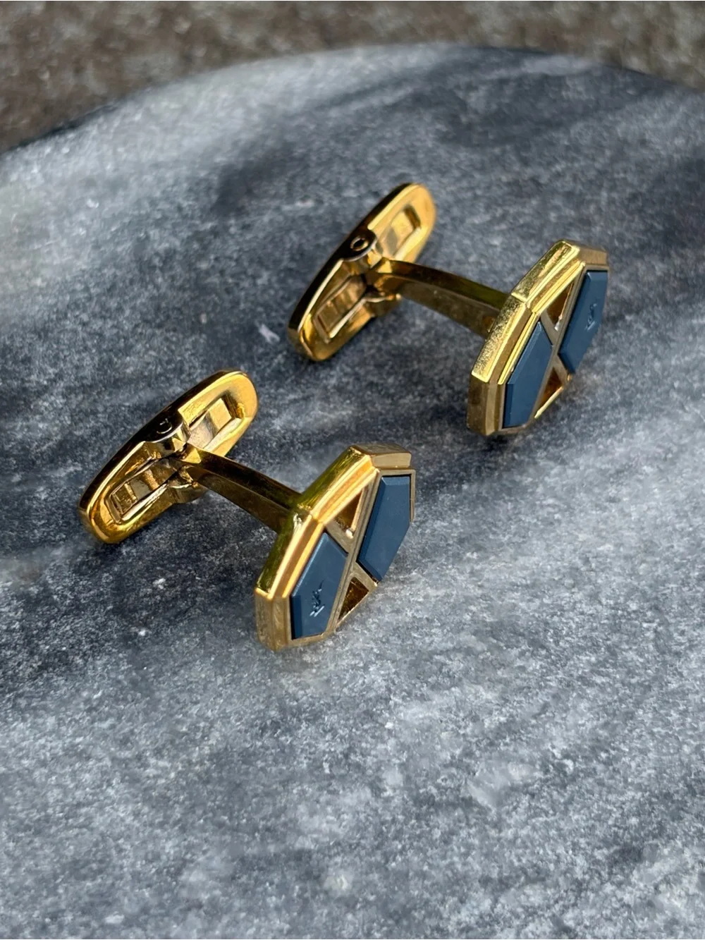 YSL Yves Saint Laurent Gold & Blue Geometric Cufflinks